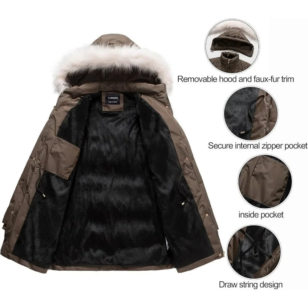 Women's Brown Winter Warm Long Drawstring Waterproof Snow Puffer Jacket